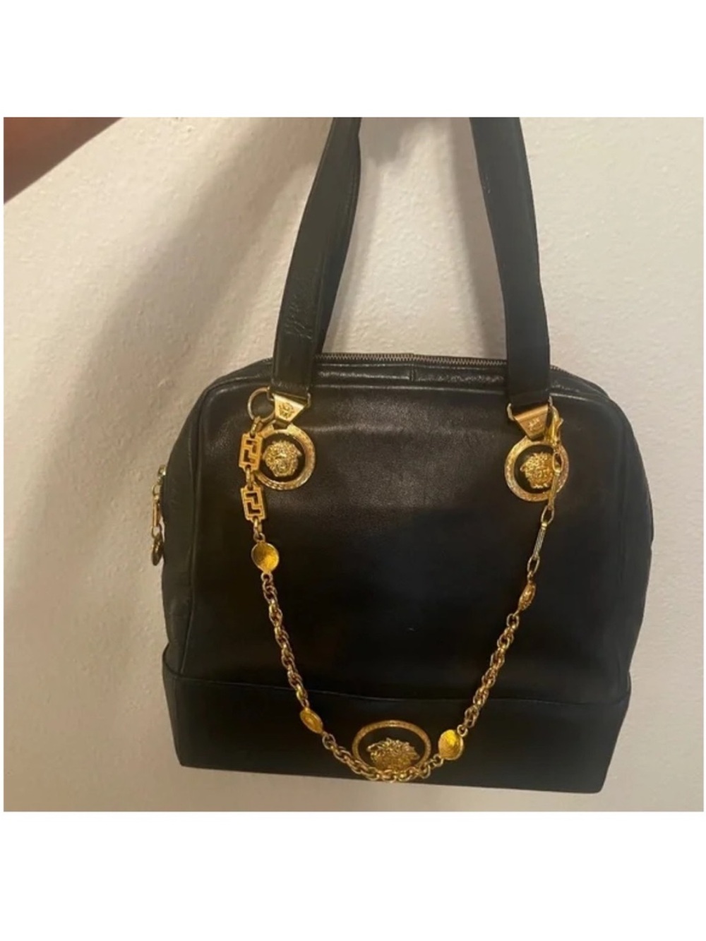 Versace Black Shoulder Bag with Gold Medallion Chain Strap
